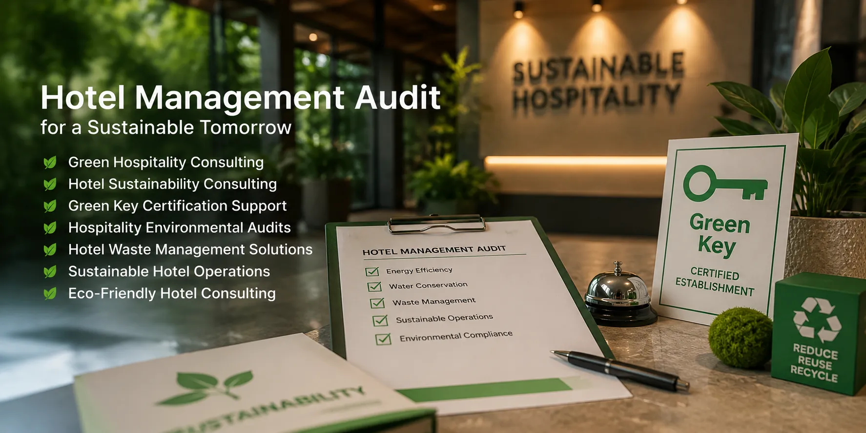 Hotel sustainability audit and green hospitality consulting services for eco-friendly hotel operations and Green Key certification support in India